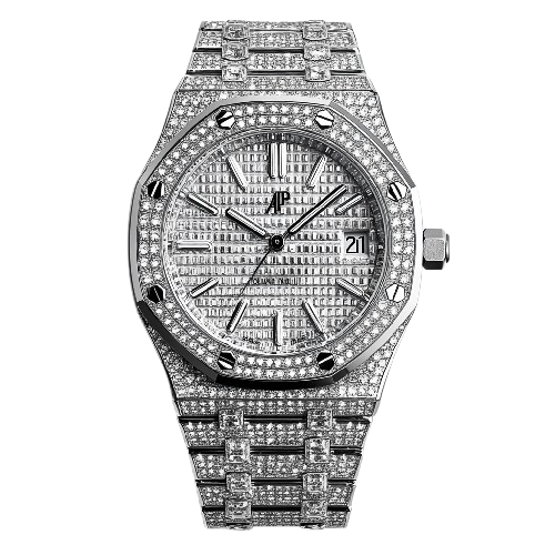 iced out watch for luxury segment in front of white background